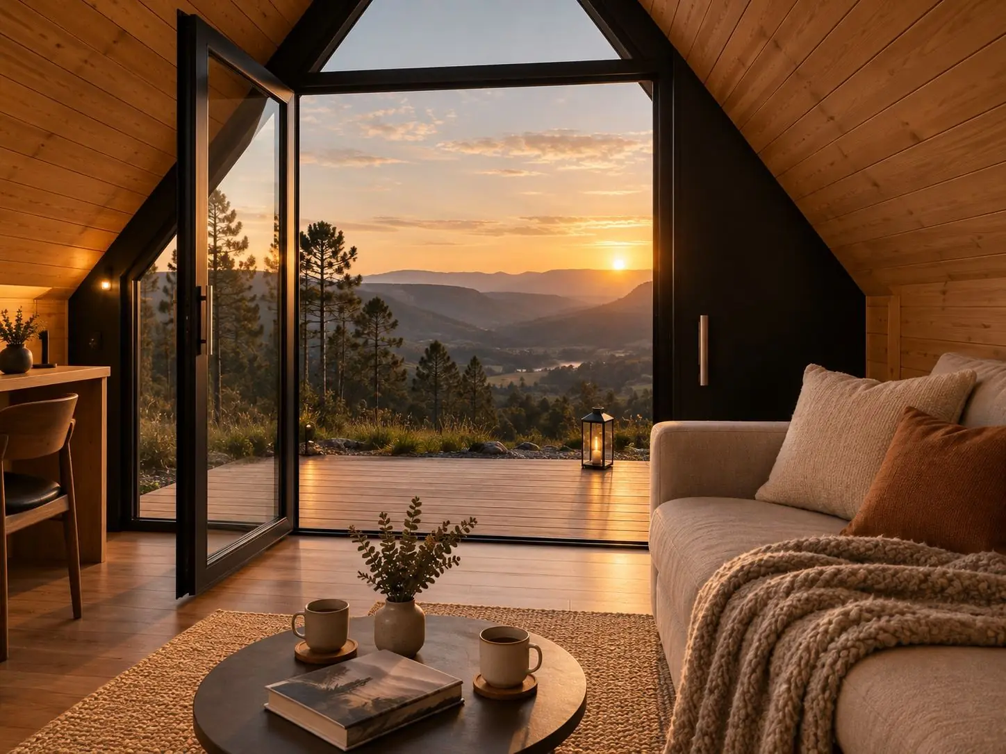 Interior de cabana FRAMEX com vista para o vale ao pôr do sol