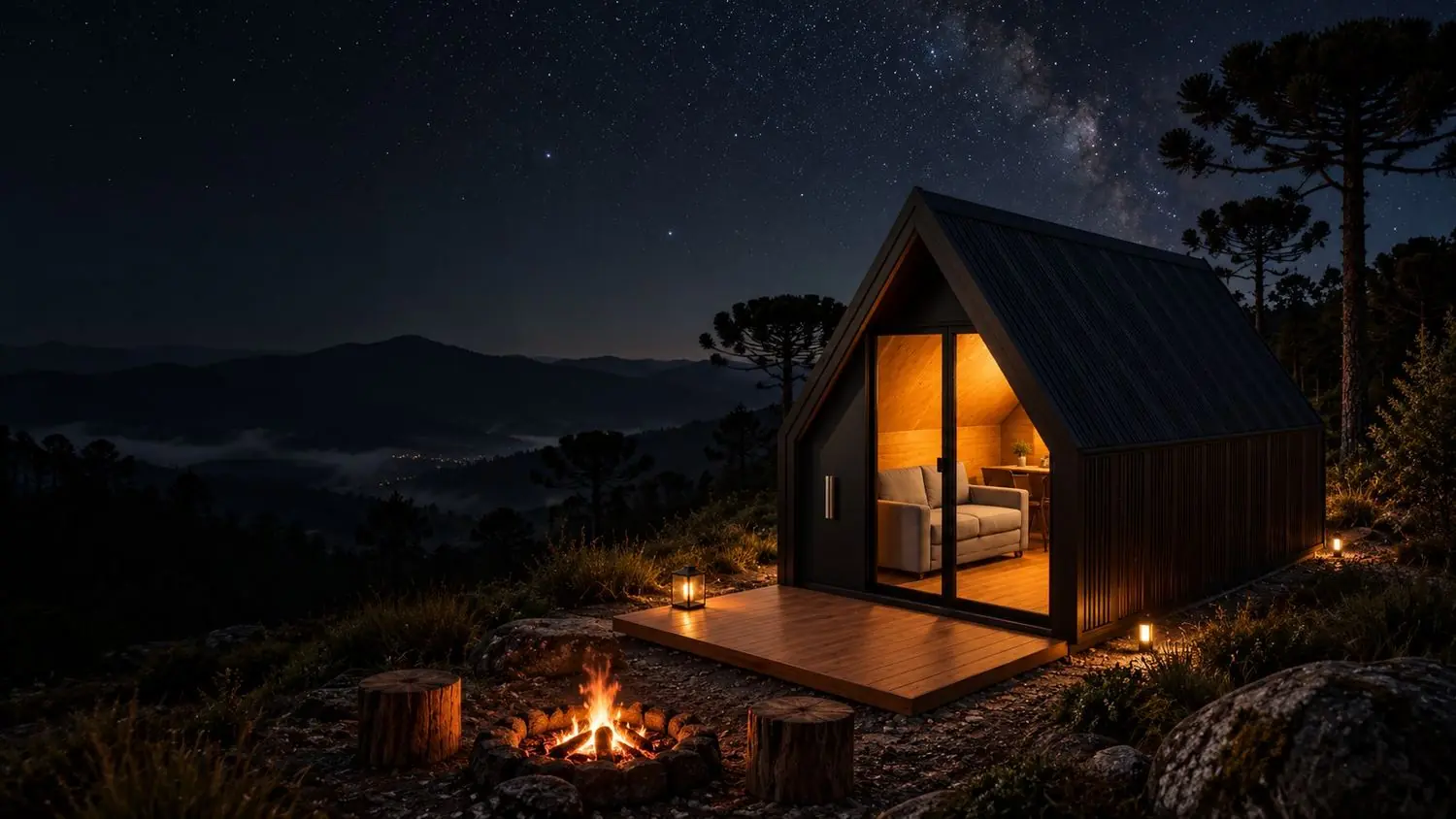 Cabana FRAMEX sob céu estrelado com fogueira